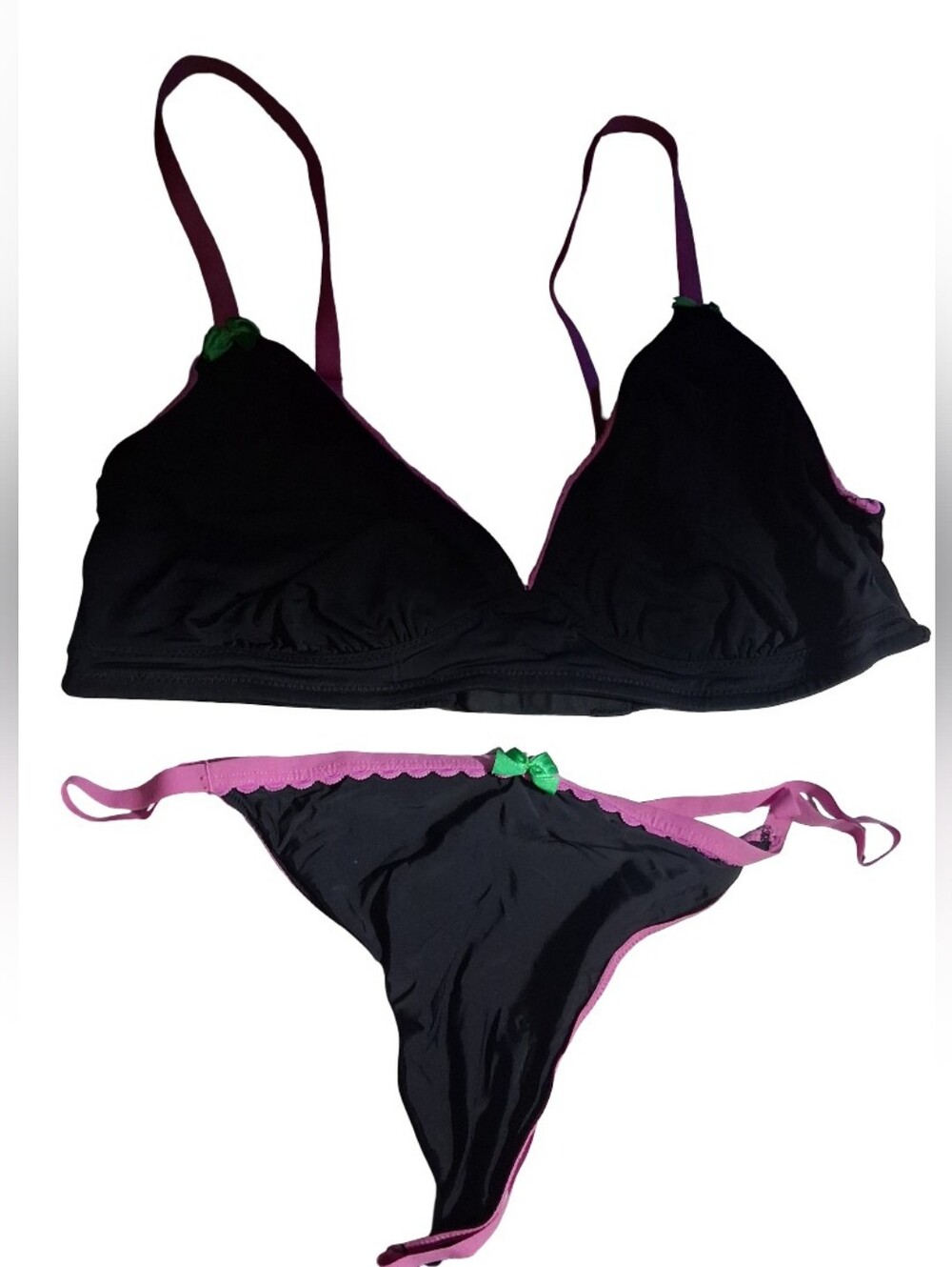 Clothes: Parade Bralette & Thong Panty Set - Black & Purple - LARGE